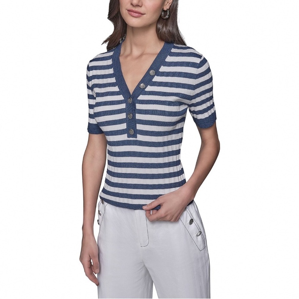 Karl Lagerfeld Paris Striped Short Sleeved Tee Soft White Indigo XS L5CSZ730
